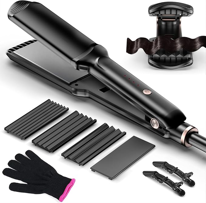 Hair Crimper Waver Professional Hair Straightener Beach Waves Curling with 4 Interchangeable Ceramic Plates | Auto Temp Control for All Hair Types | Quick Heat Wide Plate Styling Tool &amp Straighte