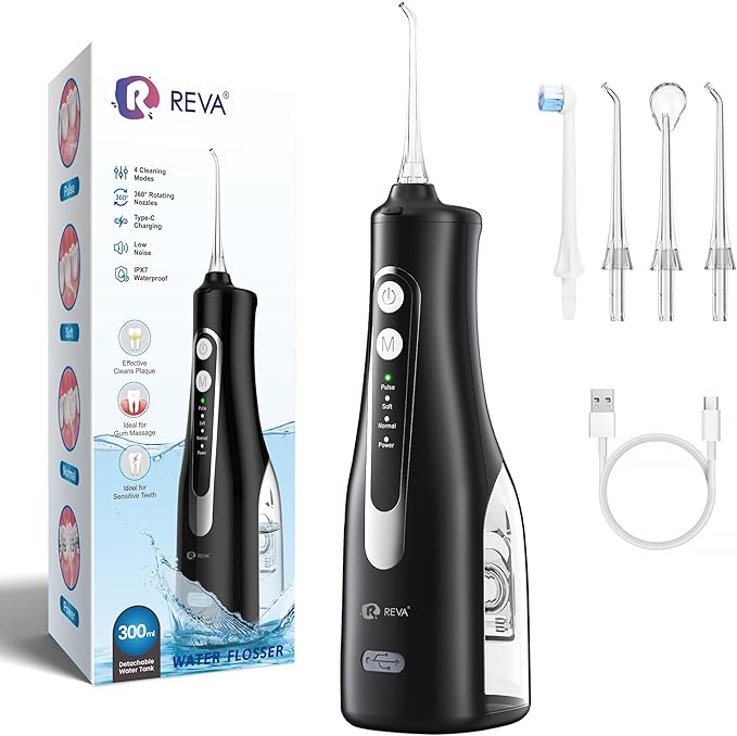 Cordless Oral Irrigator - 4 Modes Water Flosser for Teeth Cleaning 300ML Reservoir 360° Nozzle IPX7 Waterproof 2000mAh Rechargeable Battery 4 Jet Tips Smart Memory Function (M149 - Black)