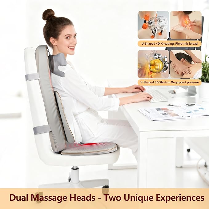 Shiatsu Neck and Back Massager with Heat - Full Back Walking Massager with Deep Kneading &amp Seat Cushion Vibration for Chair and Home Pain Relief Dual-Neck Detachable and Height Adjustment