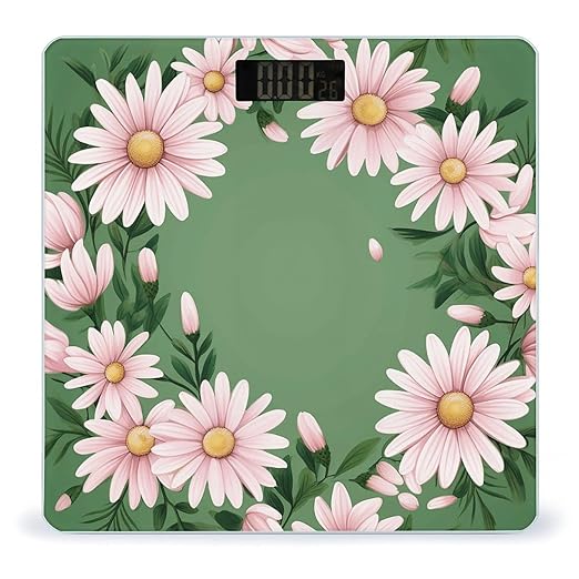 Leaves and Daisies Scale for Body Weight Anti-Slip Tempered Glass Digital Bathroom Scales Clear LCD Display Weighing Scale Safe Rounded Corners Smart Scales