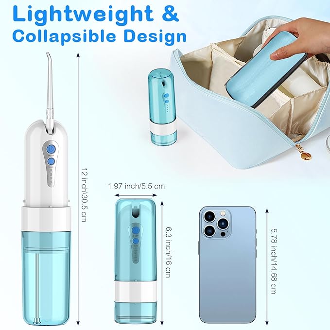 Water Dental Flosser for Teeth Cleaning and Flossing with Travel Size Case – Rechargeable Oral Irrigator KOOVON Portable Water Flosser for Adults IPX7 Waterproof 5 Jet Tips &amp 4 Modes Blue