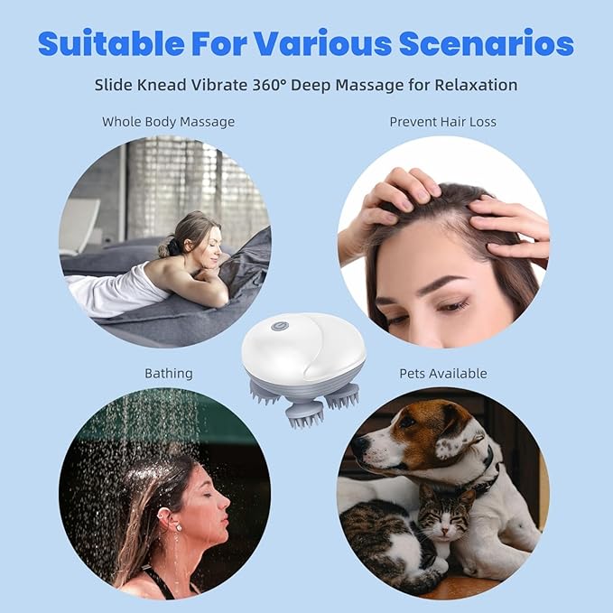Upgraded Electric Scalp Massager for Men Women Handheld Cat Dog Pet Head Massager with 4 Massage Heads 3 Speeds Waterproof Massager for Soothing Muscles Joints Hair Growth Stress Relax