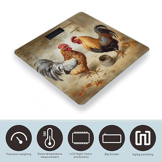 Chicken and Rooster Print Scale for Body Weight Safe Rounded Corners Tempered Glass Digital Bathroom Scale LED Display 400lb Capacity Weight Scales with High Precision Sensors