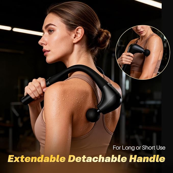 G4D Fascia Gun with Detachable U-Shape Long Handle 10mm Deep Tissue Percussion Brushless Motor Up to 2800 RPM Type-C Fast Charging Includes 4 Massage Heads for Back Neck Shoulder Relief