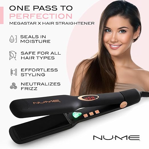 NuMe Megastar X Hair Straightener Tourmaline Flat Iron – 1.75 Inch Floating Plates Hair Straightener with Negative Ion Booster Infrared Light Strip Ultra-Smooth and Shiny Results for All Hair Types