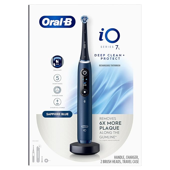 Oral-B iO Deep Clean + Protect Rechargeable Electric Toothbrush Saphire Blue iO Series 7 2 Replacement Brush Heads Charging Travel Case