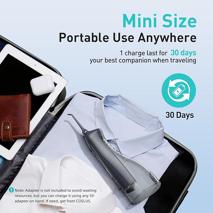COSLUS Water Dental Flosser Teeth Pick C20(F5020E): Portable Cordless Oral Irrigator 300ML Rechargeable Travel Irrigation Cleaner IPX7 Waterproof Electric Flossing Machine for Teeth Cleaning Grey