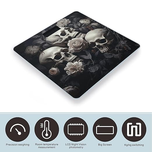Digital Bathroom Scale for Body Weight Scale with Bright LCD Display High Accuracy Step-On Technology Auto On/Off Black and White Flowers and Skull Digital Scales 400 Lbs /180kg