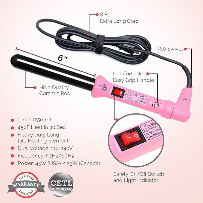 Le Angelique 1 Inch Ceramic Curling Wand for Beach Waves Short &amp Long Curls - 25mm Professional Clipless Curler Iron with Glove and 2 Clips | 450F Instant Heat | Dual Voltage - Pink