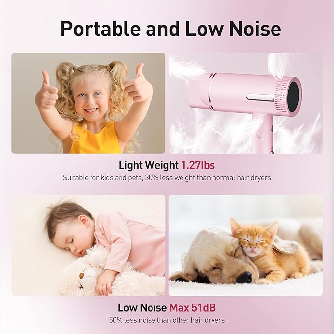 Hair Dryer High-Speed Ionic Blow Dryer Powerful 1600 Watt Motor for Fast Drying and Straight &amp Wavy Hair Foldable Lightweight Hairdryer with Magnetic Suction Nozzle for Home Salon Travel