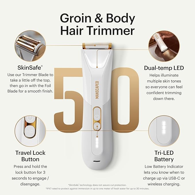 MANSCAPED® The Lawn Mower® 5.0 Ultra Men's &amp Women's Groin &amp Body Hair Trimmer – Dual-Head SkinSafe® Trimmer &amp Foil Blades Waterproof Wet/Dry Groomer USB-C Rechargeable with Travel Case
