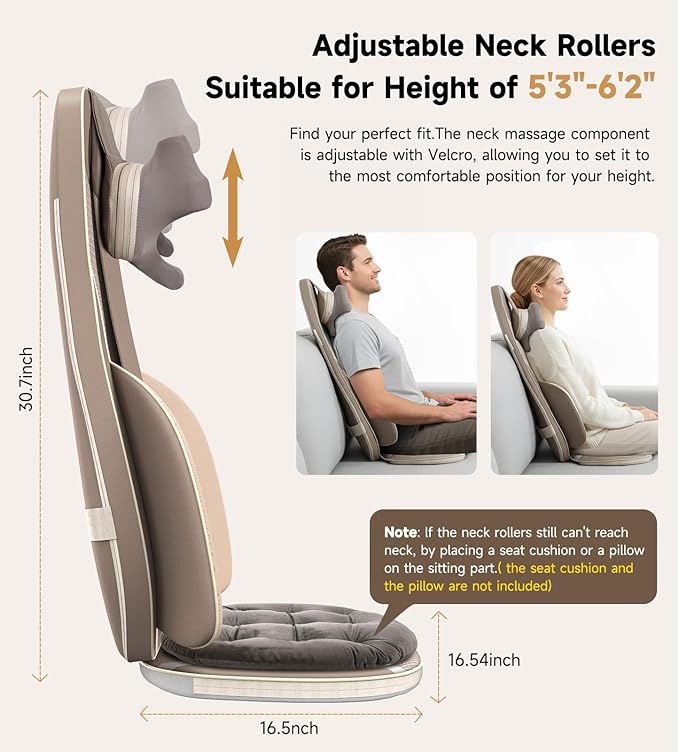 Flekzo Shiatsu Back &amp Neck Massage Chair Seat Cushion with Heat – 4D Kneading Adjustable Intensity Adjustable Neck Height Full Back Pain Relief Deep Tissue Office Chair Massager Brown