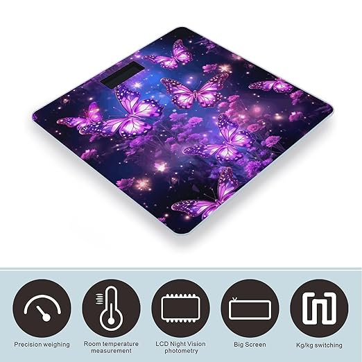 Purple Cute Butterfly Print Scale for Body Weight Anti-Slip Tempered Glass Digital Bathroom Scales Clear LCD Display Weighing Scale Safe Rounded Corners Smart Scales