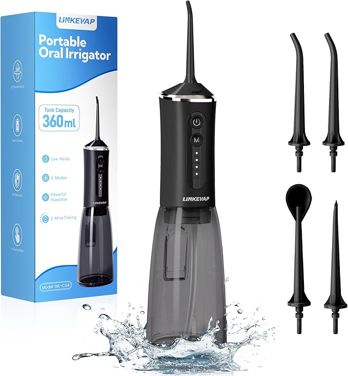 LINKEVAP Water Flosser for Teeth Pick360ML Rechargeable Travel Oral Irrigator CleanerIPX7 Waterproof Daily Dental Care Machine for Home (Black)