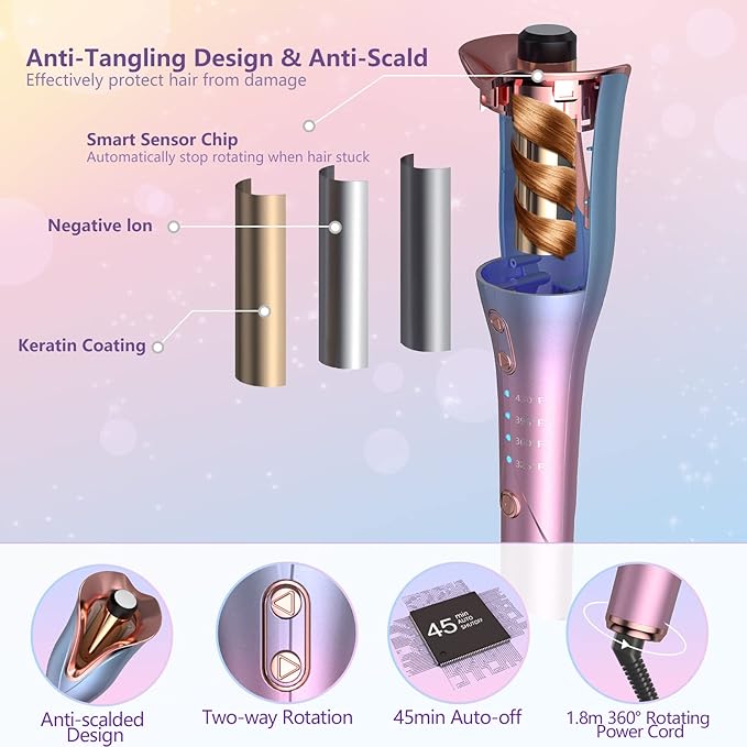 Automatic Hair Curler Hair Curler with 3 Temps Up to 430℉ &amp Dual Voltage 1 Larger Rotating Barrel Automatic Curling Iron Auto Shut-Off Rotating Curling Iron for Hair Styling