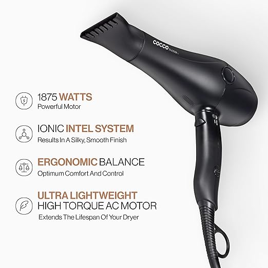 Cocco Nano Pro Hair Dryer Ultra Lightweight Ionic Intel System Ceramic Spheres Technology Professional Performance Black