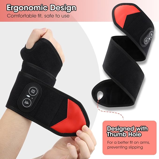 Kovarria TheraWrap Cordless 3-in-1 Red Light Therapy Wrist Wrap Rechargeable Hand Brace with 3 Heat Settings &amp 3 Vibration Levels