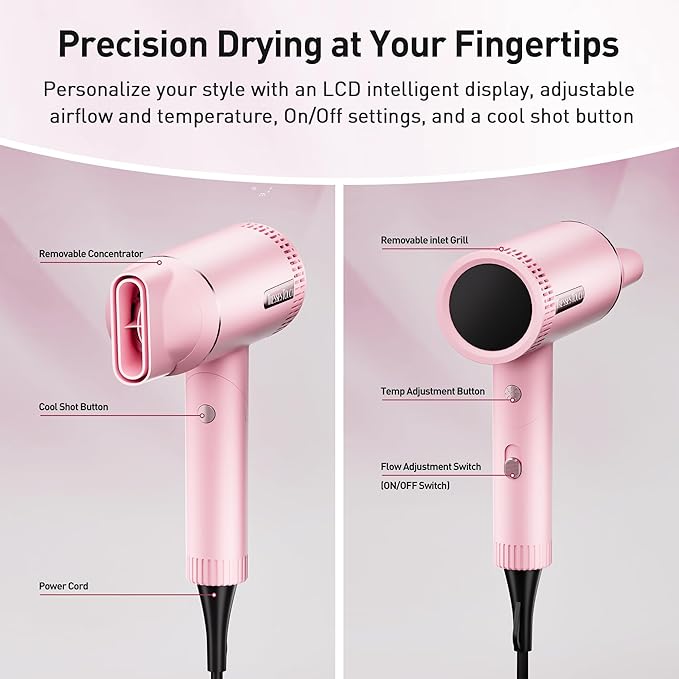 Hair Dryer High-Speed Ionic Blow Dryer Powerful 1600 Watt Motor for Fast Drying and Straight &amp Wavy Hair Foldable Lightweight Hairdryer with Magnetic Suction Nozzle for Home Salon Travel