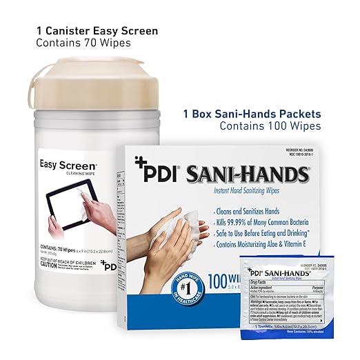 Bundle of Sani-Hands Instant Hand Sanitizer Wipes 100 Packets/Box + Easy Screen Cleaning Wipes for Touchscreens Electronics Phones Tablets Monitors TV Screens 70 Wipes/Canister