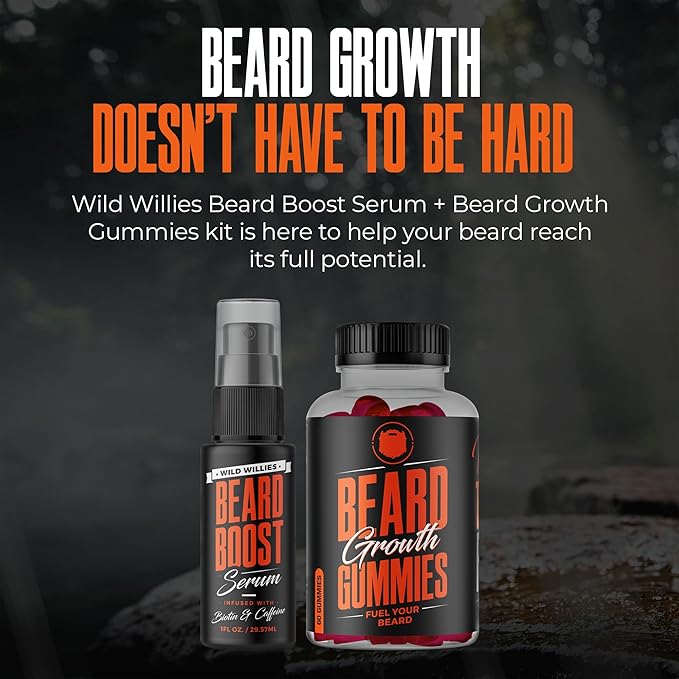 Wild Willies Beard Growth Dual Threat: Serum &amp Gummies for Men - Biotin Caffeine &amp Essential Growth Oil for Fuller Thicker Facial Hair