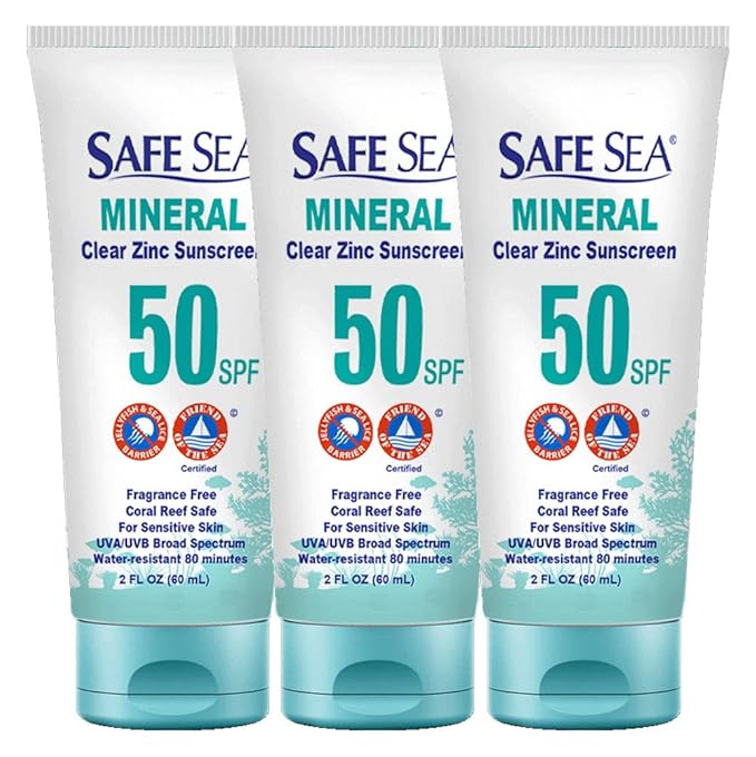 Safe Sea Zinc Oxide Sunscreen SPF50 | Clear Mineral Face Sunscreen Without White Cast | Anti-Jellyfish Sting Protective Lotion | Coral Reef Safe | Travel Size - 2Oz (60ml) Pack of 3