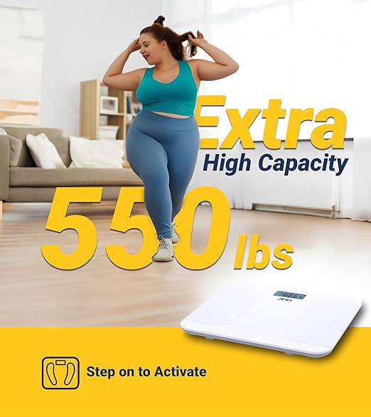 A&ampD Medical Digital Body Weight Scale UC-356BLE Bluetooth Bathroom Weight Machine UltraWide Platform and Large Display Syncs with A&ampD App550lb (249kg) Batteries Included White