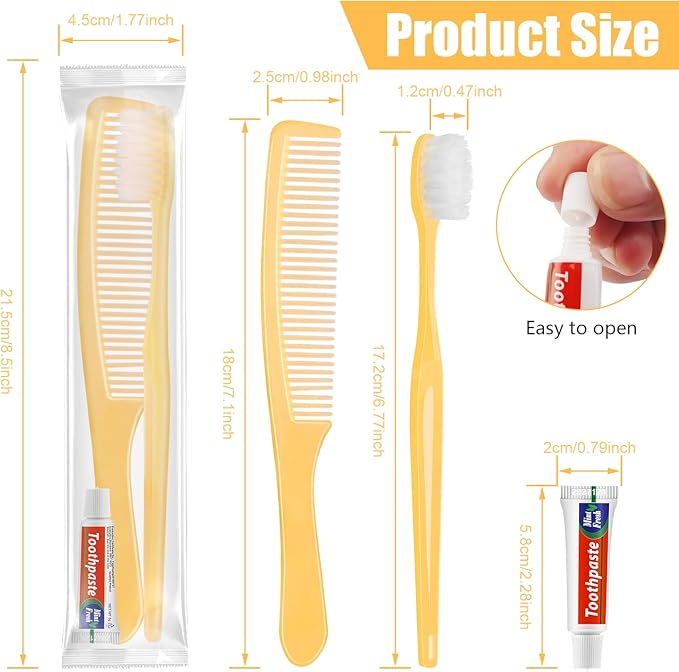 NICEMOVIC 500 Pack Disposable Toothbrushes Bulk with Toothpaste and Comb Travel Size Toothpaste Set Homeless Care Package Supplies for Bulk Individually Wrapped Disposable Travel Hotel Charity Yellow
