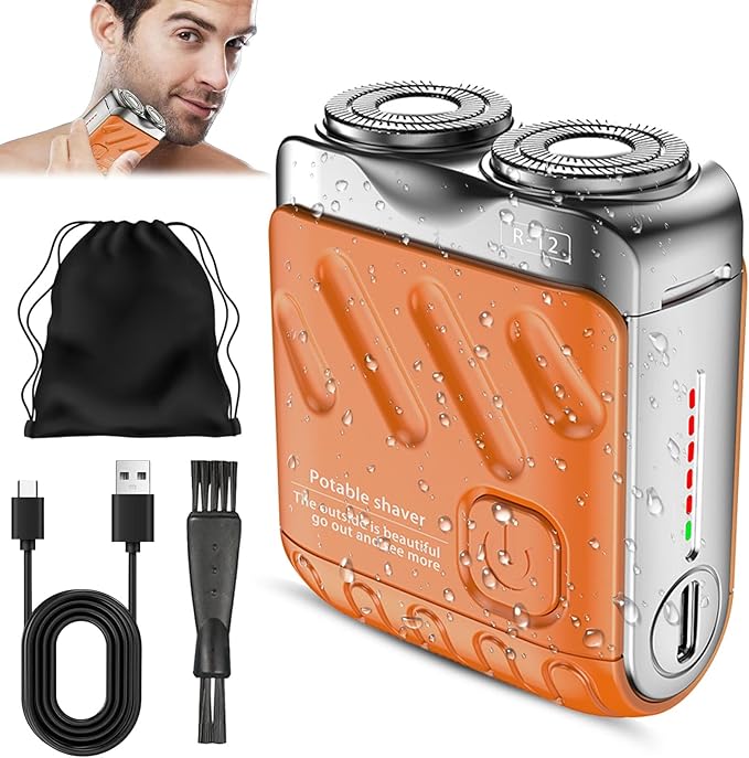 Small Steel Cannon Suspended Magnetic Blade Portable Rotary Dual Ring Electric Shaver Fully Waterproof USB Rechargeable One-Button Long Lasting Foil Shaver for Home Travel (Orange)