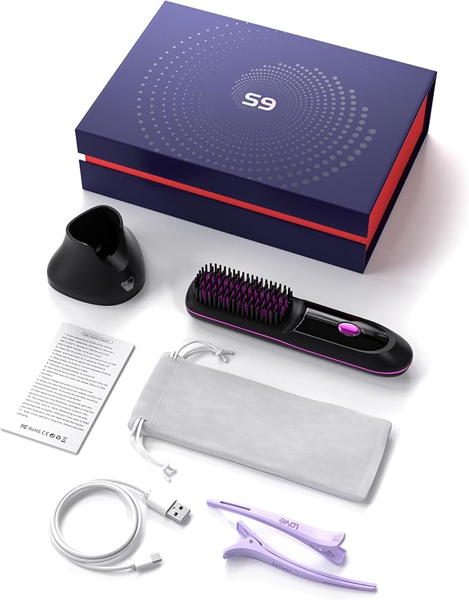 VELORIA Cordless Hair Straightener Brush with Charging Dock LED Temp Display 3 Heat Settings 320-392°F Ceramic Heated Straightening Comb Dual Lithium Battery 6000mAh Black