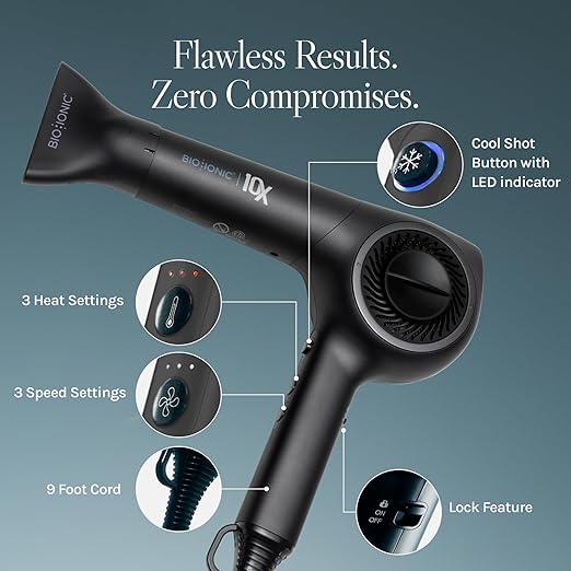 Bio Ionic 10X Ultralight Speed Hair Dryer Blow Dryer with Adjustable Heat &amp Speed Memory Function Professional Hair Styling Tool for Fast Frizz-Free Hairstyles