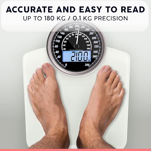 Adamson Hybrid 2-in-1 Analog &amp Digital Weighing Scale for Body Weight up to 400lbs + Thick Tempered Glass + Extra Large Display + Easy to Read Digital Bathroom Scale + New - White