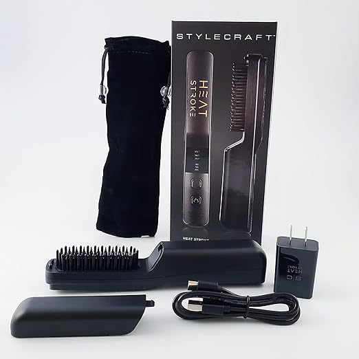 StyleCraft Heat Stroke Beard &amp Styling Hot Brush Cool Touch Tips Anti-Scold Hair Straightener Black