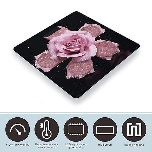 Glitter Pink Rose Digital Bathroom Scale for Body Weight Weighing Scale with Backlit LCD Display High Precision Measurements &amp Measures Weight Up to 180kg