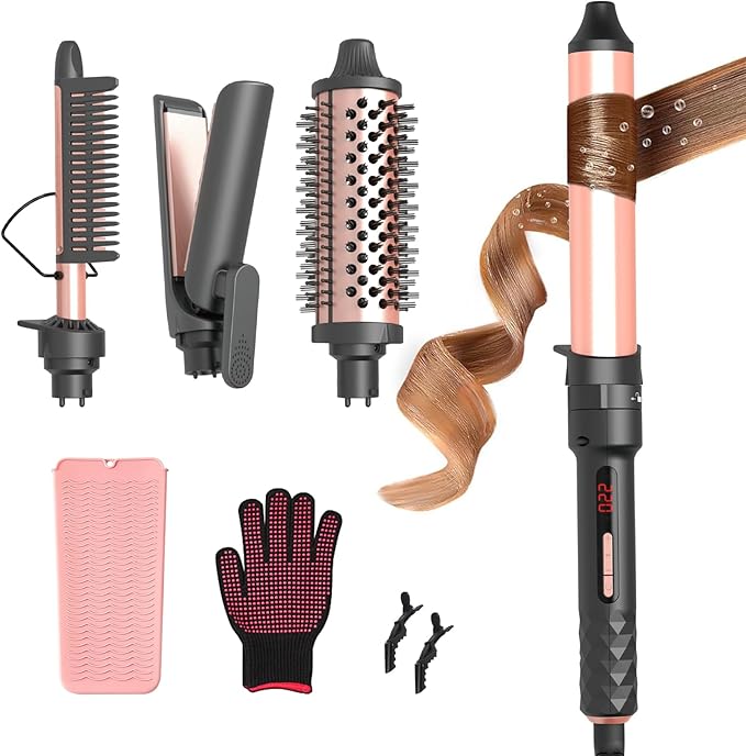 4-in-1 Curling Iron Set for Long Hair Fast Heating Ceramic Ionic Hair Curler Flat Iron &amp Hot Brush Combo Frizz-Free Styling Tool with Dual Voltage for Home &amp Travel