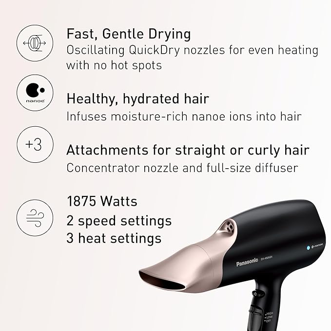 Panasonic Nanoe Salon Hair Dryer Oscillating QuickDry Nozzle Blow Dryer with Diffuser Concentrator Attachments 3 Speed Heat Settings for Styling and Healthy Hair - EH-ANA6HN (Black/ Pink Gold)