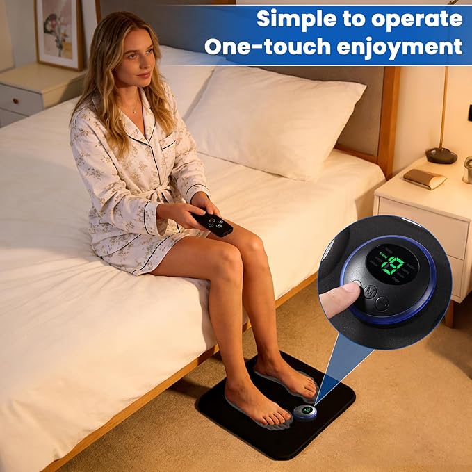 Portable Foot Massager Rechargeable Circulation Stimulator with 8 Modes 19 Intensities 4 Body Pads Lightweight Design for Home Travel Office Use