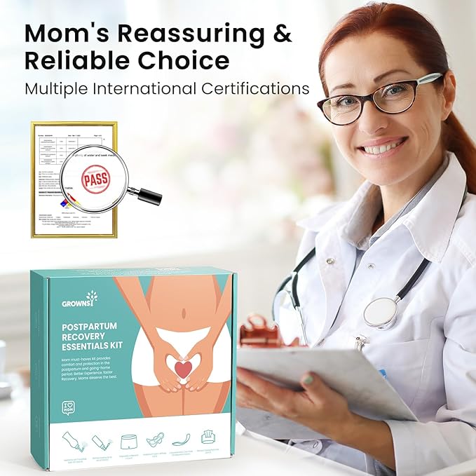 Grownsy 15pc Postpartum Essentials Recovery Kit | Postpartum Kit for Women | Includes 5 Postpartum Pads 5 Disposable Underwear 2 Ice Packs Peri Bottle Perineal Spray &amp 28 Cooling Pad Liners