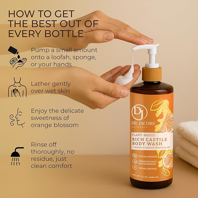 Dr. Jacobs Naturals Castile Orange and Ginger All-Natural Body Wash for Moisturizing Dry Skin with Plant-Based Ingredients with Pump - 32 Ounce