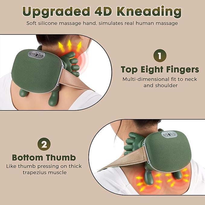 Neck Massager with Heat - Deep Tissue Shiatsu Electric Neck and Shoulder Massager with Fingers 4D Kneading Design for Pain Relief Cordless Masajeador De Espalda Y Cuello Portable for Travel