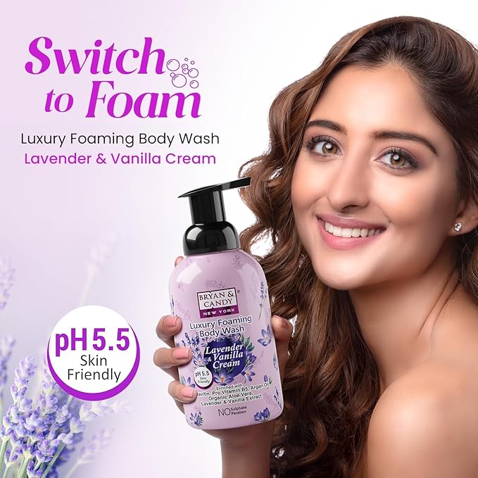 Luxury Foaming Body Wash with PentavitinPro Vit B5Argan OilAloe Vera Skin Friendly pH 5.5 All Skin Types 400 Ml (Lavender &amp Vanilla)