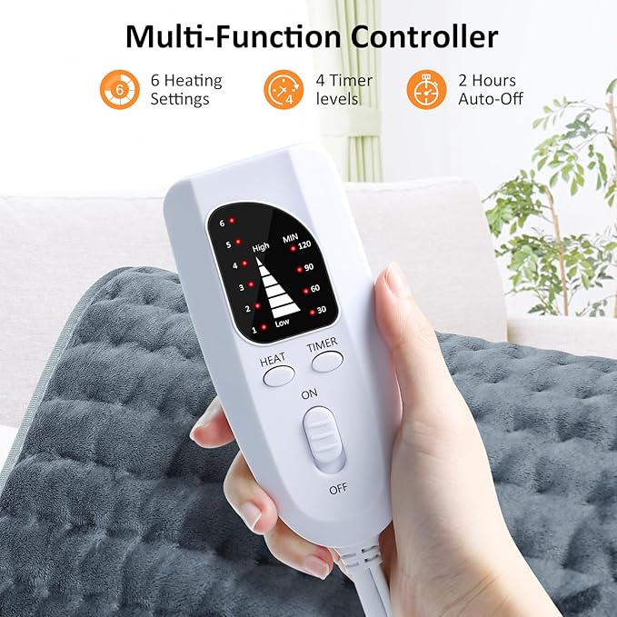 Heating pad for Back/Shoulder/Neck/Abdomen Electric Heating Pads with 6 Fast Heating Settings Auto-Off Soft Machine Wash Fabric Birthday Gifts for Women Mom Extra Large 12x24 Iron