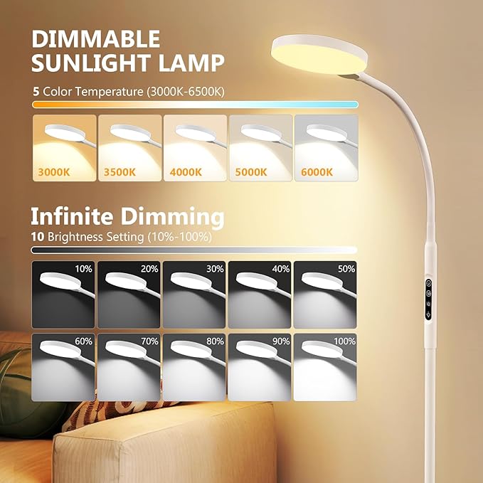 Light Therapy Lamp 3 in 1 Therapy Floor Lighting 11000 Lux Full Spectrum Therapy Lamps UV-Free LED Sunlight 10 Brightness/5 Color/Gooseneck/Height Adjustable Timer Control White