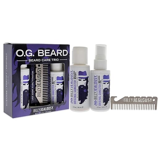 Billy Jealousy Original Gangster Beard Kit with Trave Size Beard Wash Oil and Titanium Keychain Comb to Cleanse Stengthen &amp Soften Facial Hair Oud Wood Scent