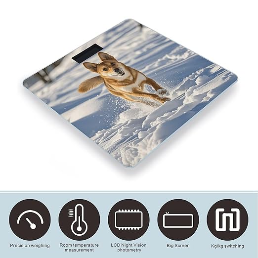 Dog Chasing in The Snow Digital Bathroom Scale for Body Weight Weighing Scale with Backlit LCD Display High Precision Measurements &amp Measures Weight Up to 180kg