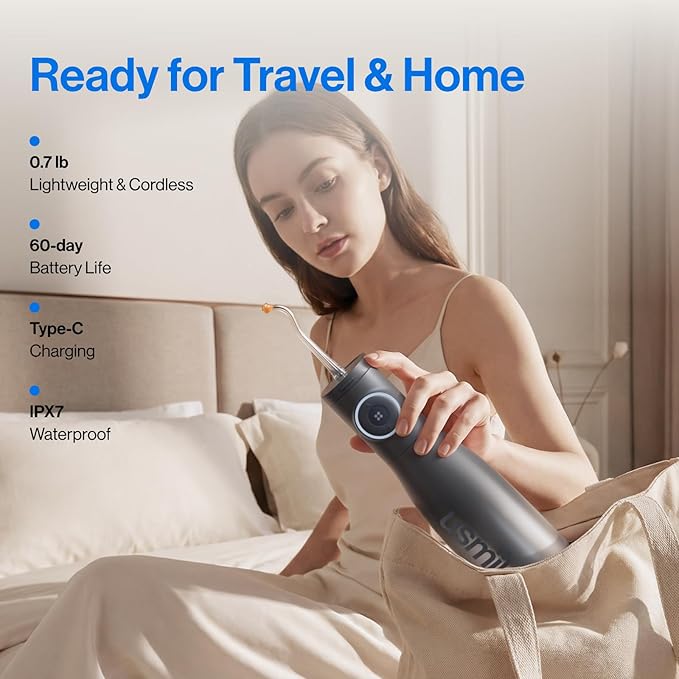 usmile C30 Cordless Water Flosser 300ml Large Tank 5 Pressure Levels Deep Clean S-Shaped Nozzles for Braces &amp Sensitive Gums USB-C Rechargeable IPX7 Waterproof Portable Travel &amp Home Use