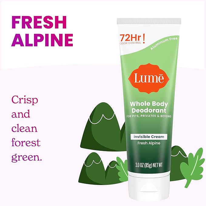Lume Whole Body Deodorant - Invisible Cream Tube and Solid Stick - 72 Hour Odor Control - Aluminum Free Baking Soda Free Skin Loving - 3.0 Ounce Tube and 2.6 Ounce Solid Stick Bundle (Fresh Alpine)
