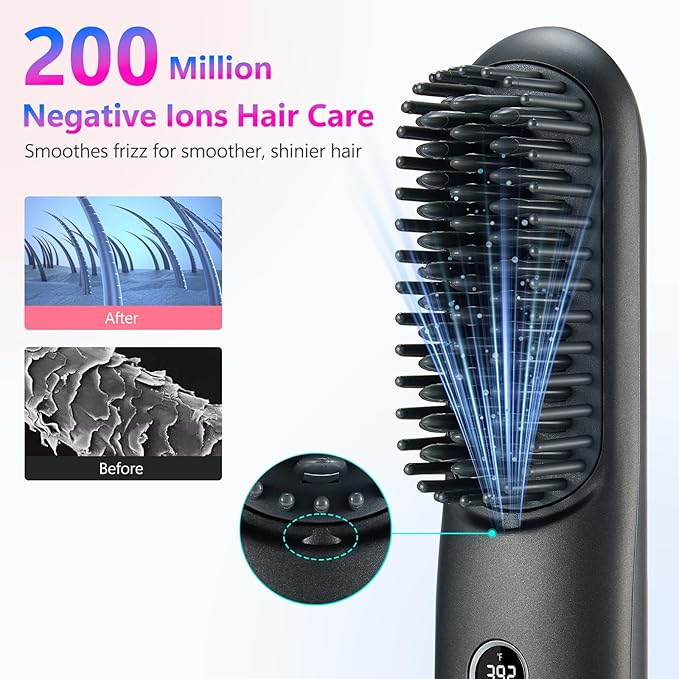 LCD Screen Cordless Hair Straightener and Curler 2 in 1 Rechargeable Portable Mini Travel Negative Ionic Hair Straightening Brush for Women Fast Heating Hot Comb for Women Black