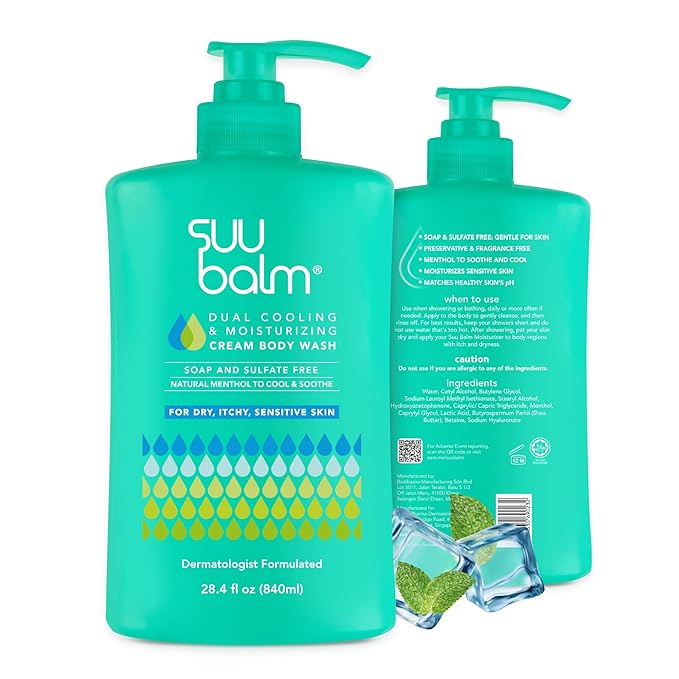 Suu Balm Body Wash (28.4 fl oz) and Anti Itch Relief Cream (11.83 fl oz) bundle Psoriasis Body Wash Moisturising Cleanser for Dry Itchy Skin Relief Derm-Formulated with Menthol &amp Shea Butter