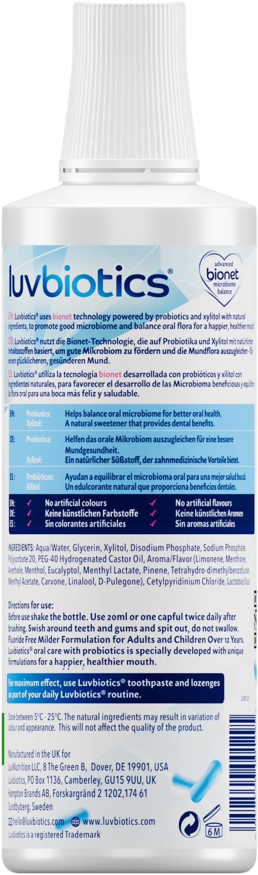 Luv Biotics Fluoride Free Mouthwash with Oral Probiotics Xylitol &amp Aloe Vera -3 x 500ml
