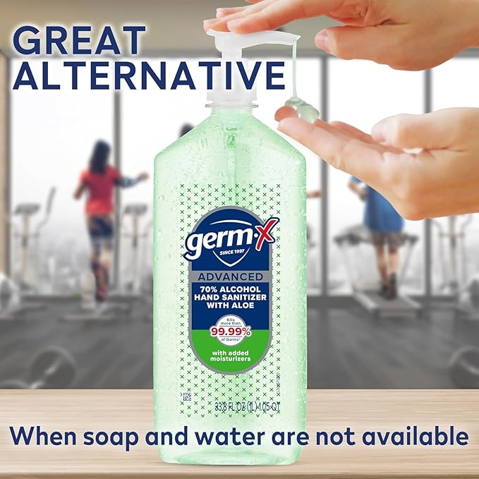 Germ-X Advanced Hand Sanitizer with Aloe and Vitamin E 1 Liter (Pack of 4) Less Drying Moisturizing Gel No Rinse Formula Pump Bottle